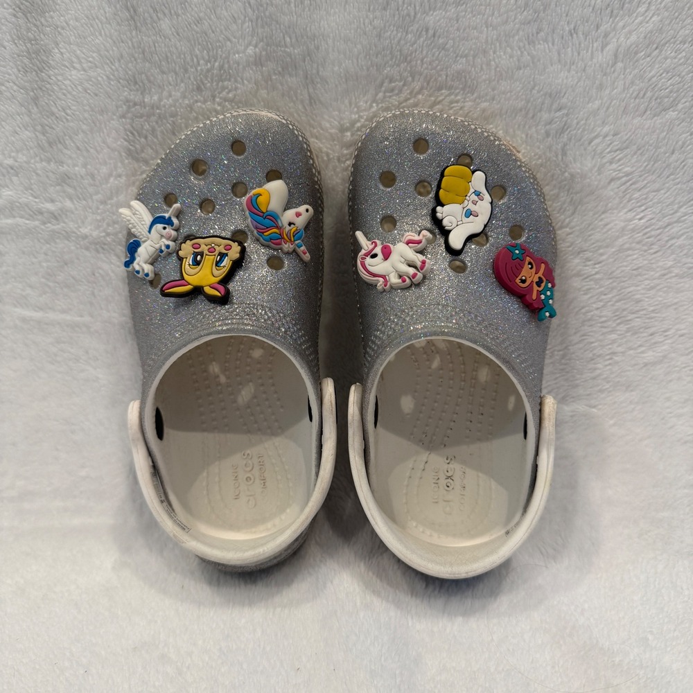 Crocs Kids Classic Glitter Clog Silver Sparkle Unicorn Mermaid Charms Size C10